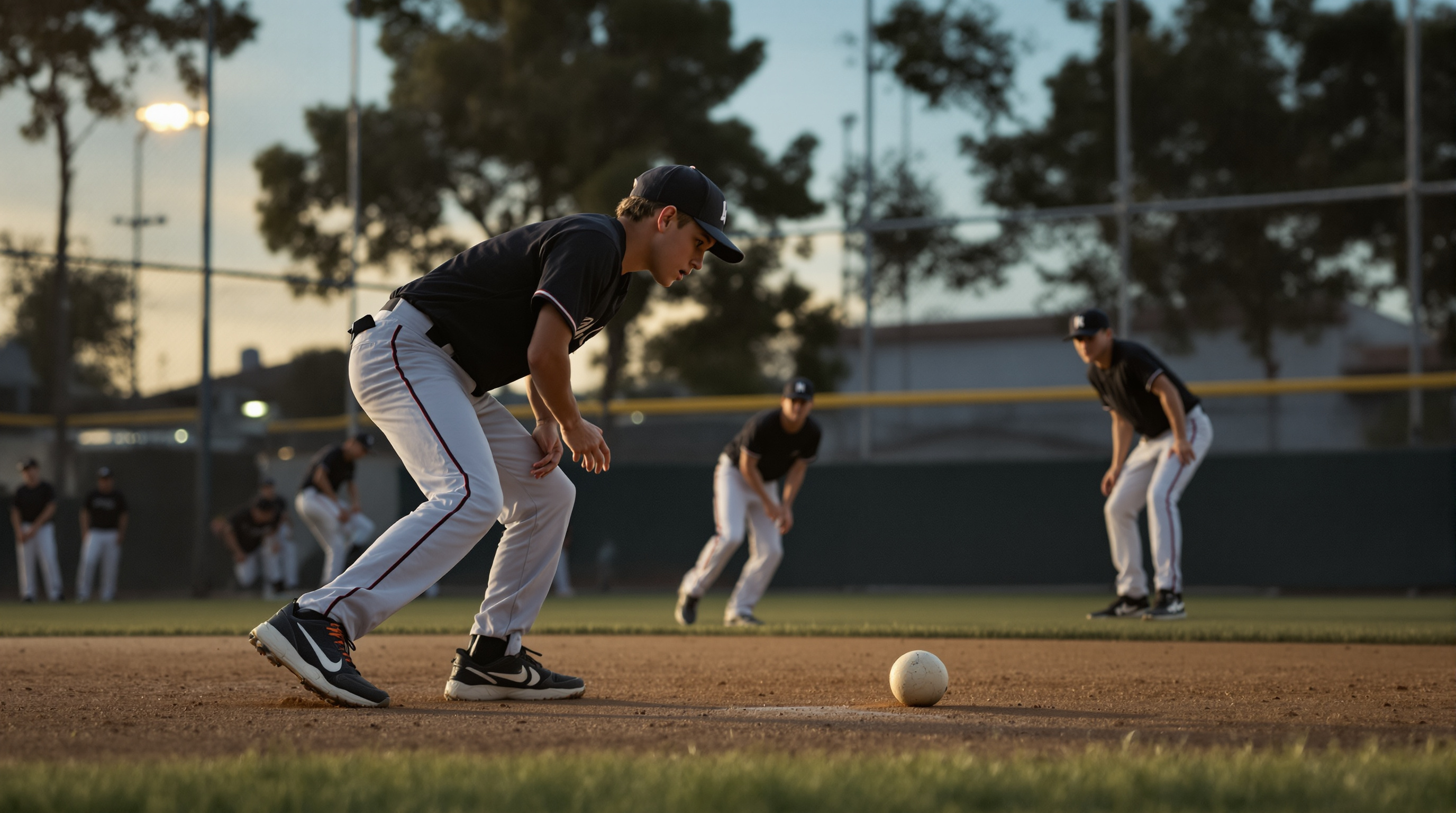 what we do - Youth baseball players fielding ground balls at a San Diego baseball field during evening practice, showing