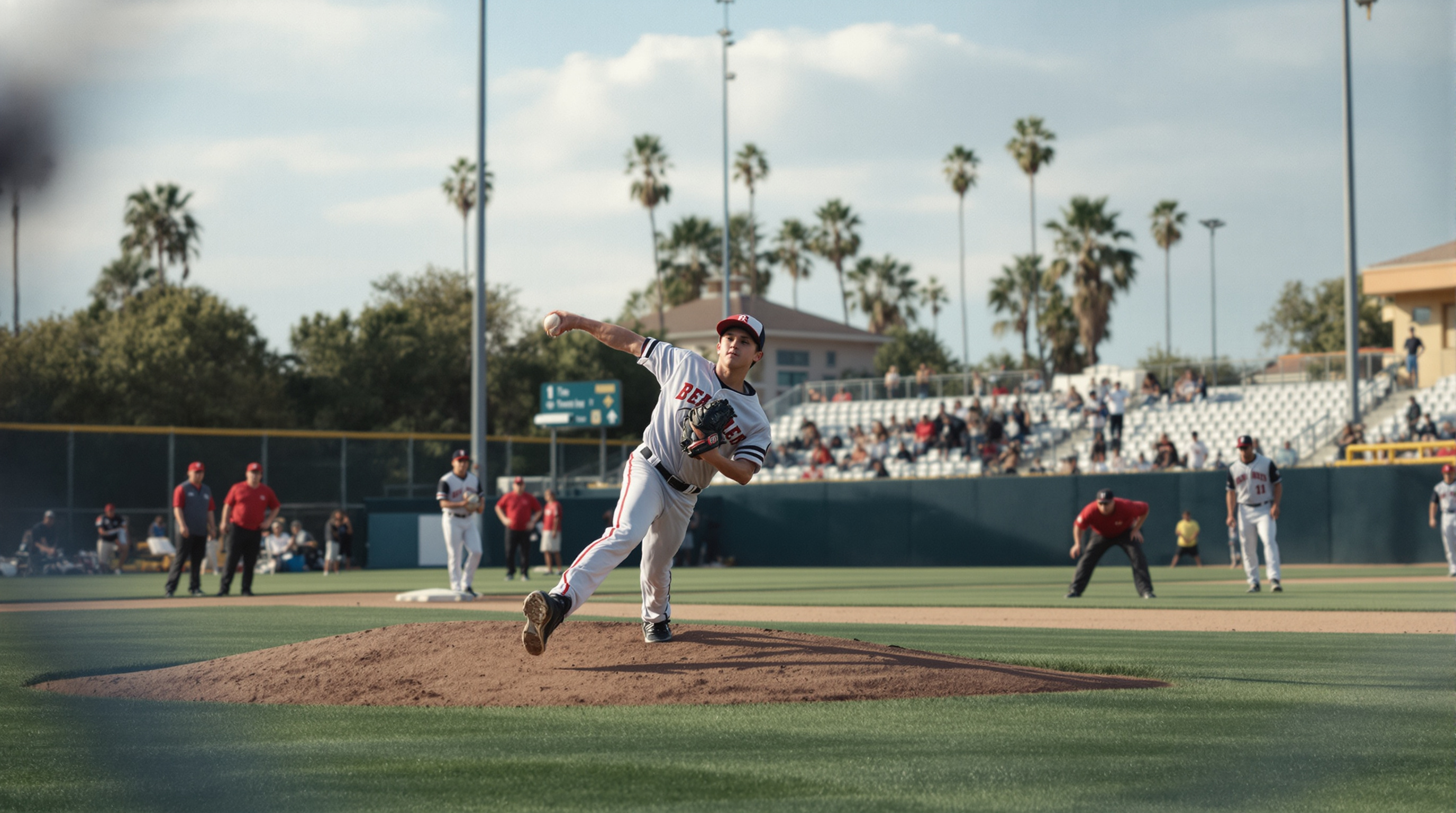 what we do - Youth baseball pitcher in mid-delivery on a San Diego field, showing proper form and mechanics during a com
