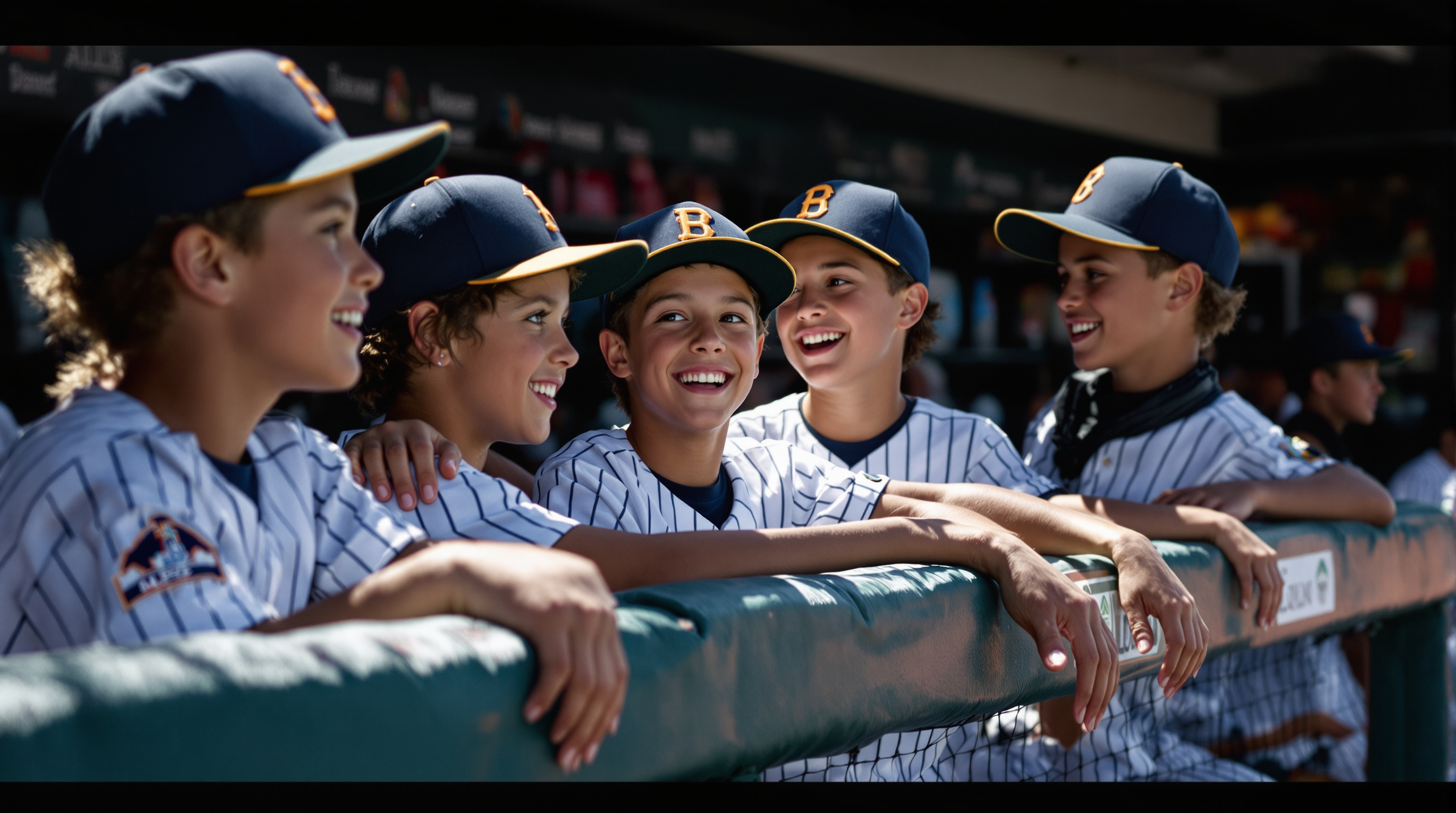 what we do - Young baseball players in a dugout during a San Diego youth baseball game, showing team chemistry and suppo